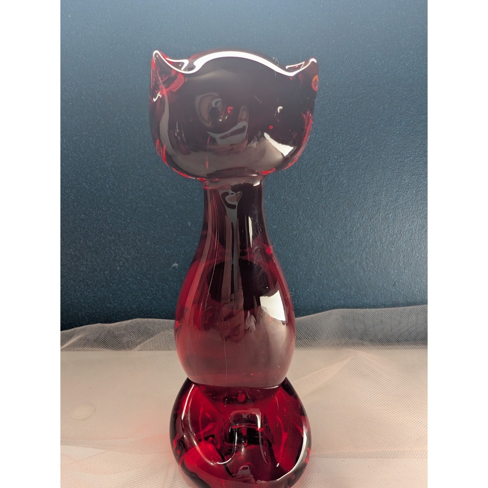 Viking Glass Ruby Red Stylized Cat Figurine Paperweight 6.5" Mid-Century Modern